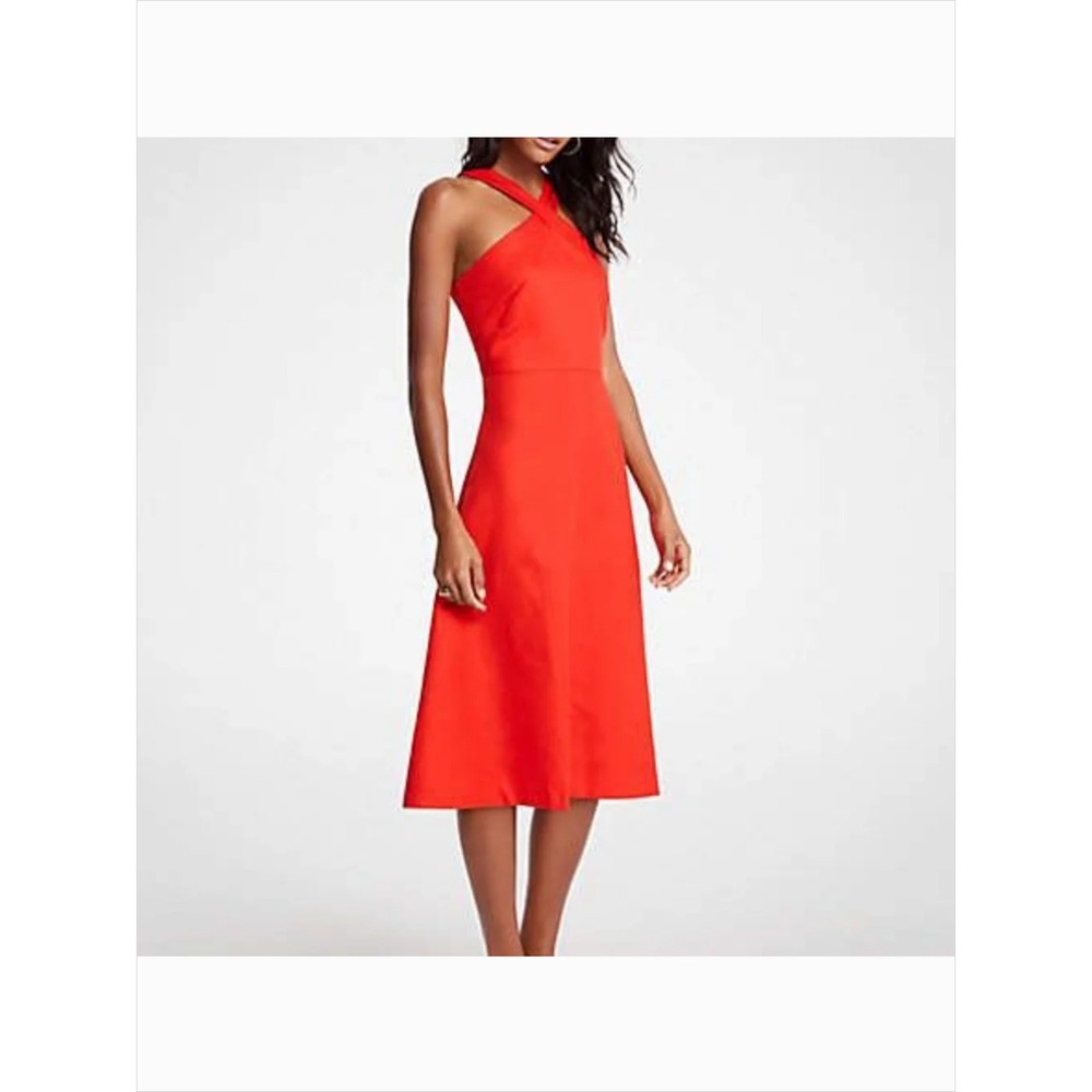 Ann Taylor Cross Neck Halter Linen Midi Dress Molten Lava Red Party (Size 12)